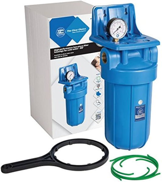 10” in-line Big Blue type set: Big Blue type filter housing, with blue sump and pressure relief valve, mounting bracket with screws, wrench, bacteriostatic filter centralizing ring.