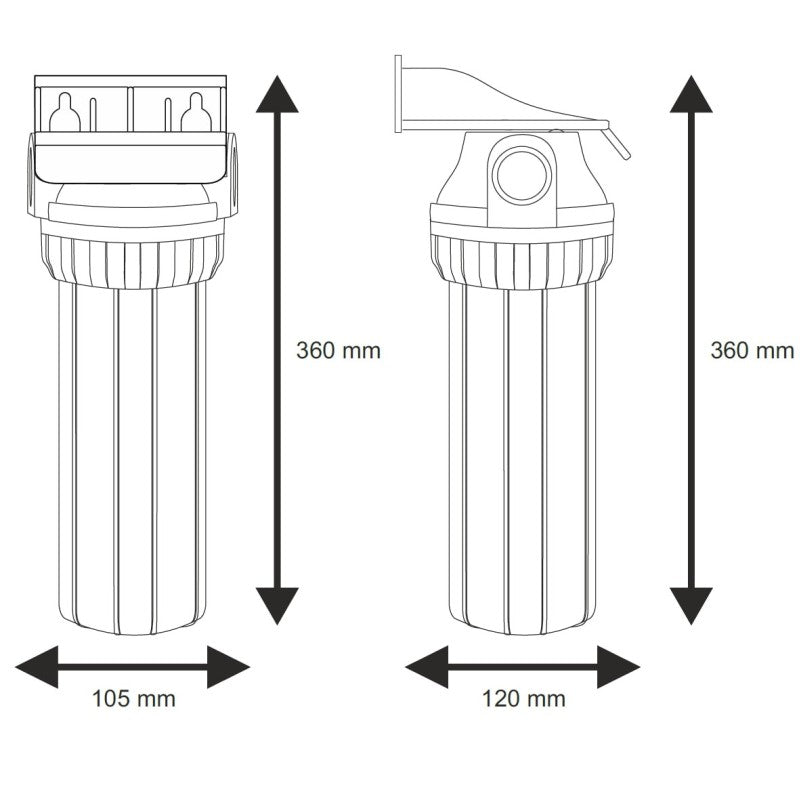10” set: filter BLUE housing, with pressure relief valve and blue sump, mounting bracket with screws, wrench, cartridge, bacteriostatic filter centralizing ring.