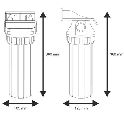 10” set: filter BLUE housing, with pressure relief valve and blue sump, mounting bracket with screws, wrench, cartridge, bacteriostatic filter centralizing ring.