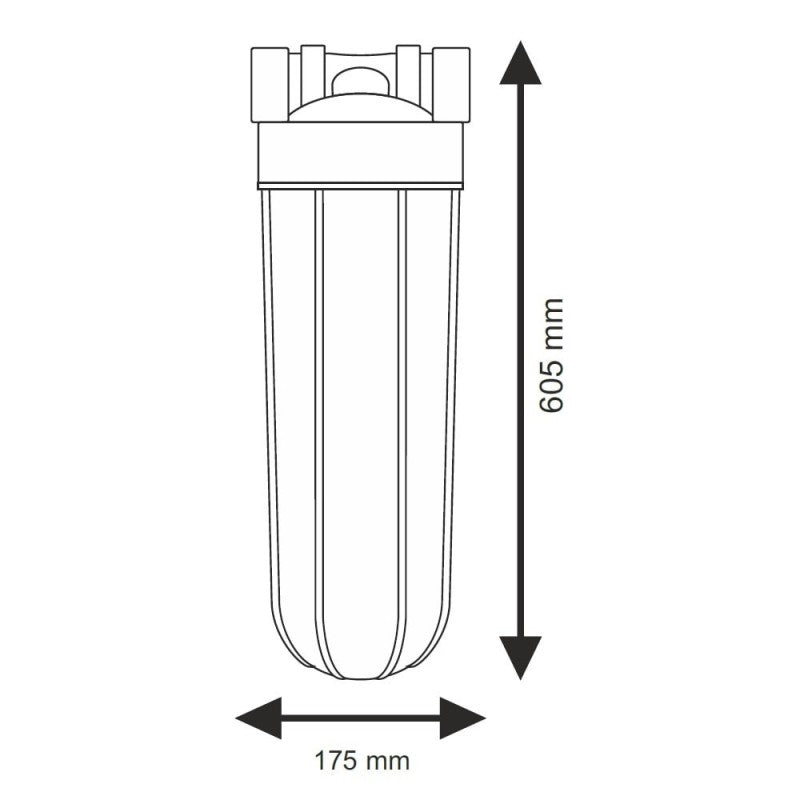20” in-line Big Blue type set: Big Blue type filter housing, with blue sump and pressure relief valve, mounting bracket with screws, wrench, bacteriostatic filter centralizing ring.