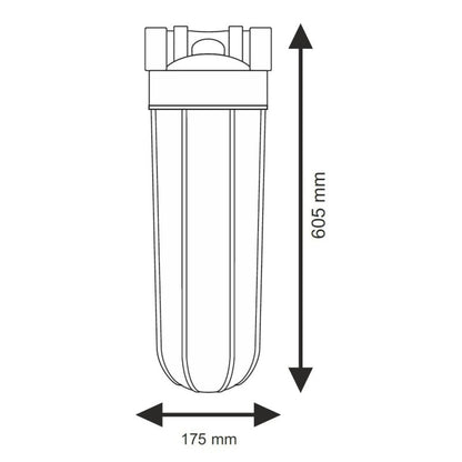 20” in-line Big Blue type set: Big Blue type filter housing, with blue sump and pressure relief valve, mounting bracket with screws, wrench, bacteriostatic filter centralizing ring.